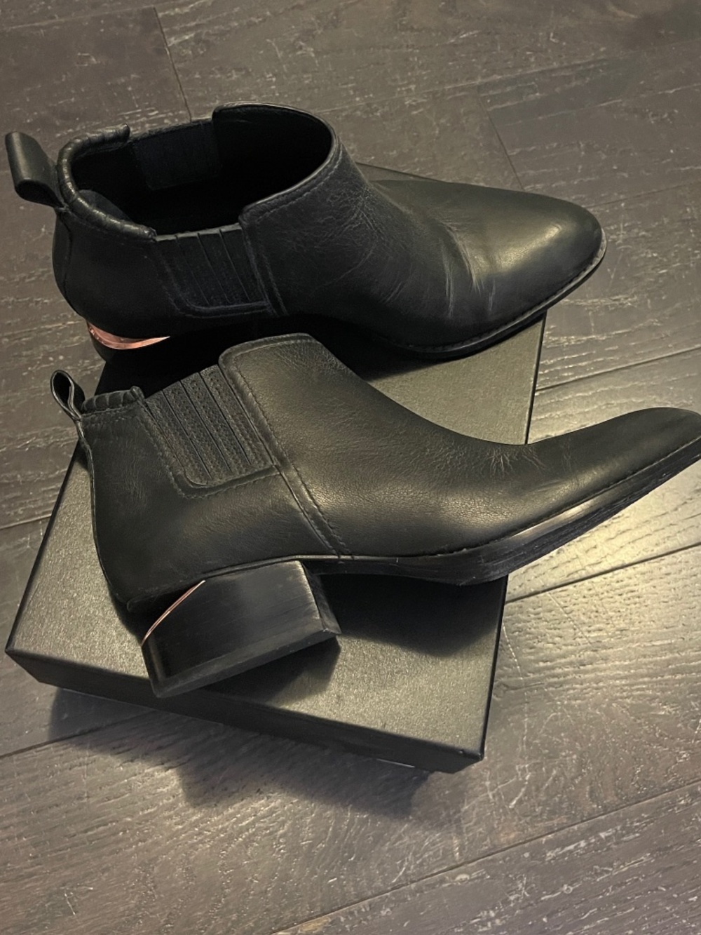 ALEXANDER WANG Cut Out Rose Gold Heel-Kori Ankle Bootie Shoe Black Leather US8.5